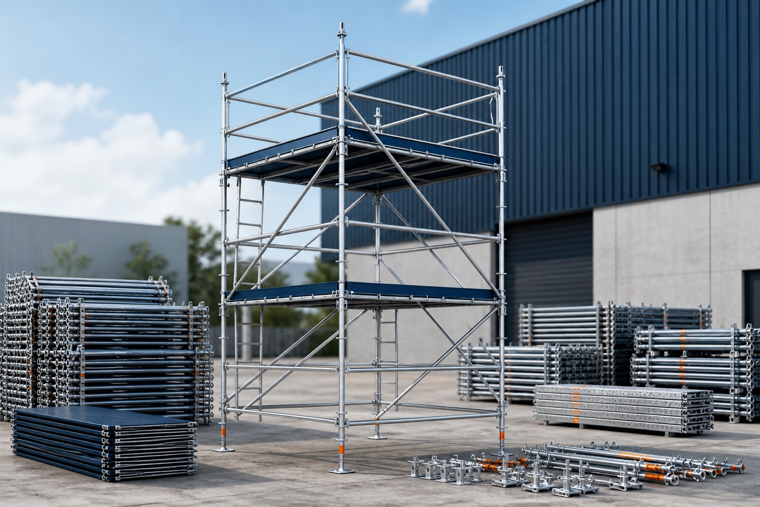 Assembled modular scaffolding system with organized frames, braces, platforms, and base components